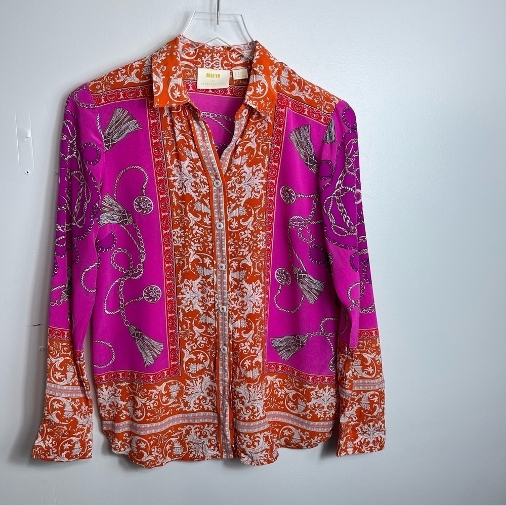 Anthropologie Maeve Potala Scarf & Chain 100% Silk Blouse Size 2 Orange Pink